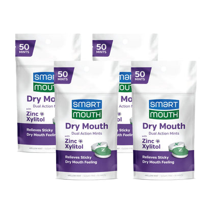 SmartMouth Dry Mouth Dual-Action Mints - Sugar-Free Breath Mints - 50 Count 4 Pack Mellow Mint